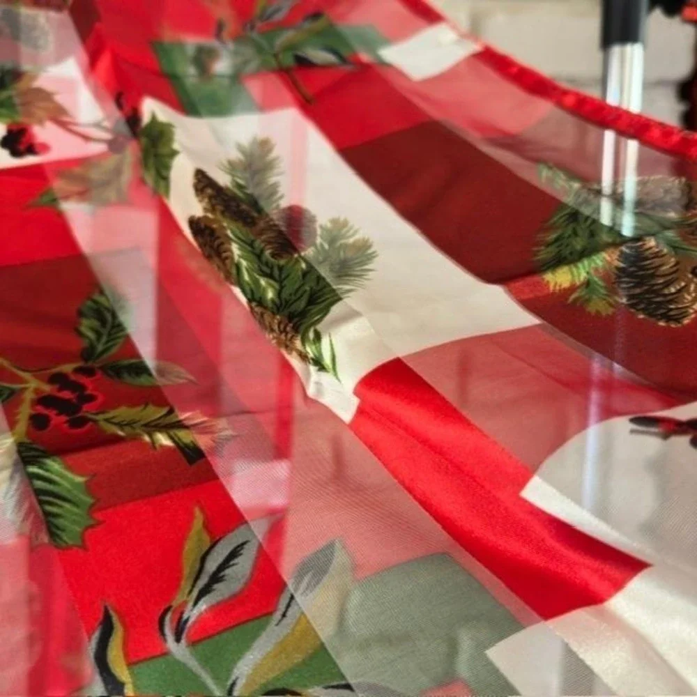 Vintage Christmas Holly Pinecone‎ Red Checkered Sheer Stripe Polyester Scarf